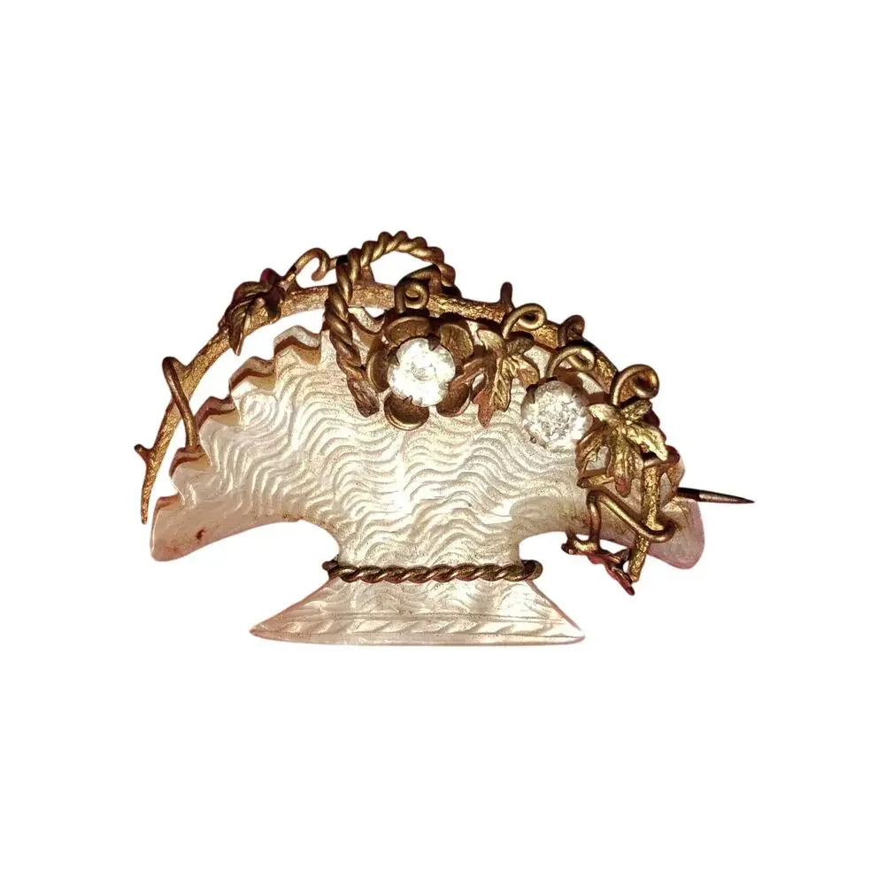 Antique Mother of Pearl Flower Basket Brooch Gold Tone Rhinestones